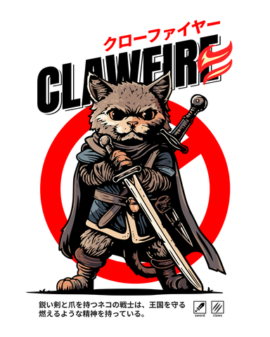 Clawfire – Camiseta de Gato Guerrero con Espada y Espíritu Samurai