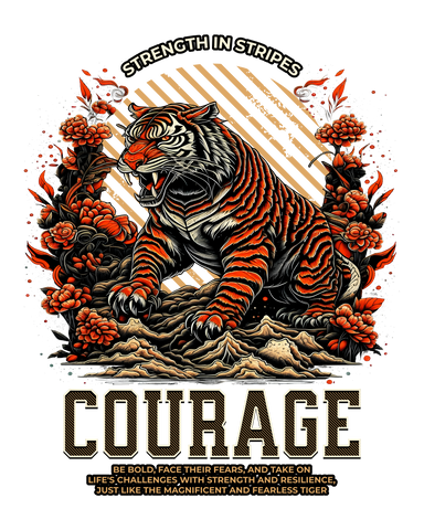 Courage – Camiseta de Tigre en Furia Floral con Mensaje de Valentía y Fuerza