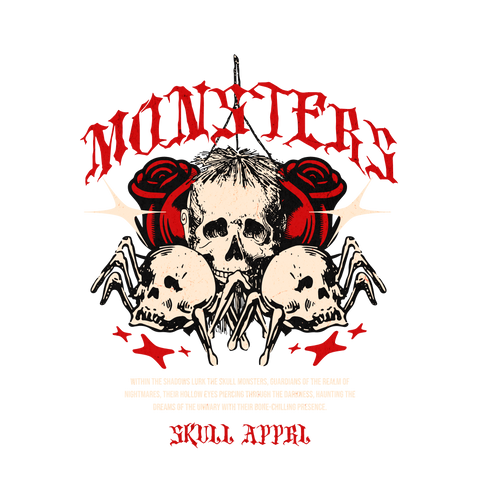 MONSTERS – Camiseta Cráneo Terrorífico con Rosa y Arañas 💀🌹🕷️