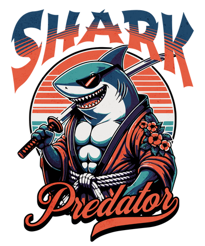 Shark Predator – Camiseta Arte Tiburón Samurai Retro Sunset
